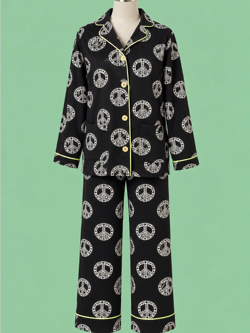 P.J. Salvage Black Pajama Set with White Peace Sign Print and Lime Green Piping